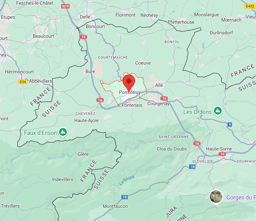 Carte Google Maps : Porrentruy et sa piscine enclavés en territoire français