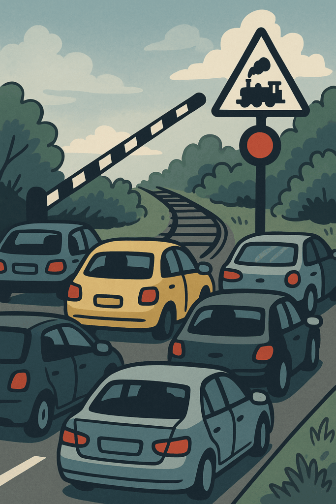 Le passage à niveau bloqué barrières baissées à La Cluse et Mijoux, en plein retour des frontaliers - Illustration d'un embouteillage