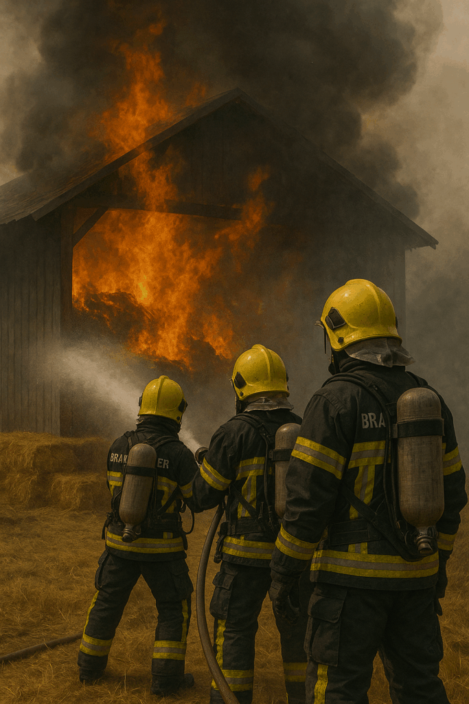 Illustration de 3 pompiers luttant contre un feu de grange