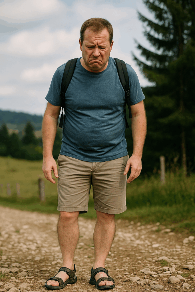 Un touriste sur un chemin local caillouteux, en sandales