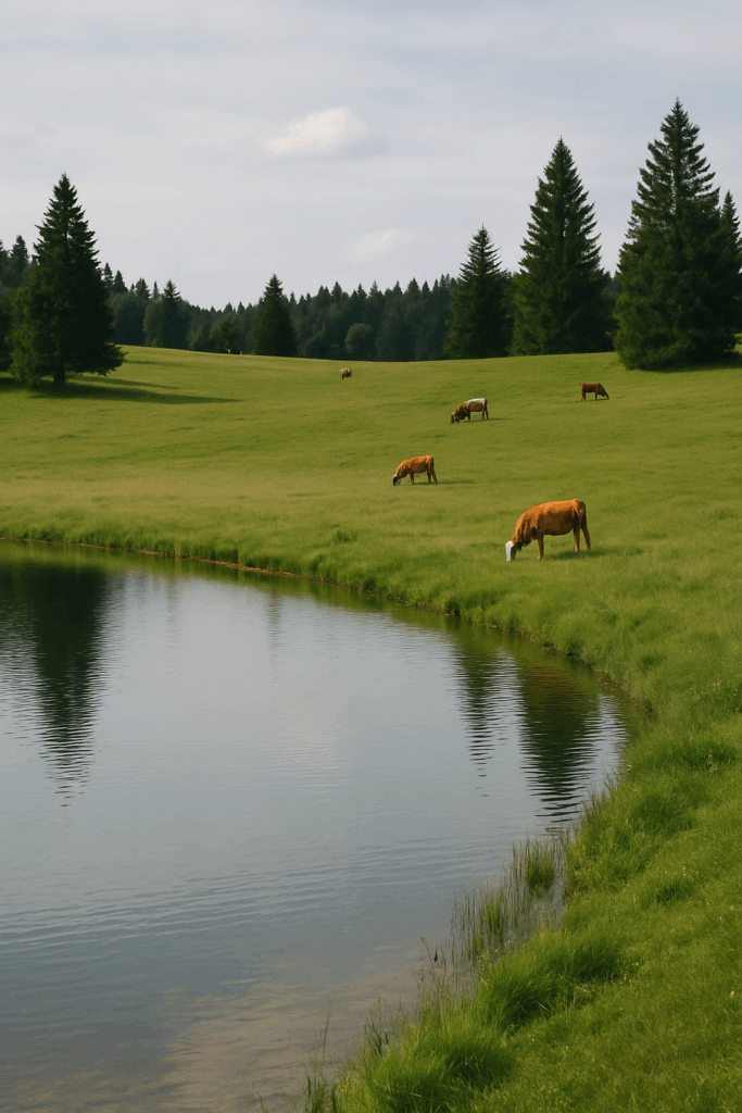 Le plan d'eau envisagé pour accueillir Pontarlier-plage : de l'herbe et quelques vaches