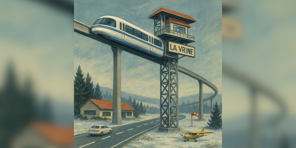 Coincée entre les camions de la RN57 et les rêves givrés d’un monorail, La Vrine devient l’épicentre du fantasme Pontarlier–Besançon suspendu.