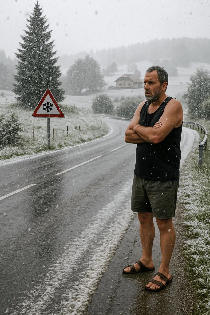 Un véritable orage de neige suite à la canicule, avec du vent, des grêlons mélangés, et même — selon un témoin anonyme — « un bonhomme de neige qui fumait une clope »