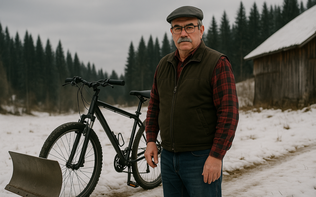 GĂ©rard Poncet, notre moustachu local du MHDGA, en montrant fiĂšrement son prototype : un VTT Ă assistance manuelle, Ă©quipĂ© dâun chasse-neige frontal