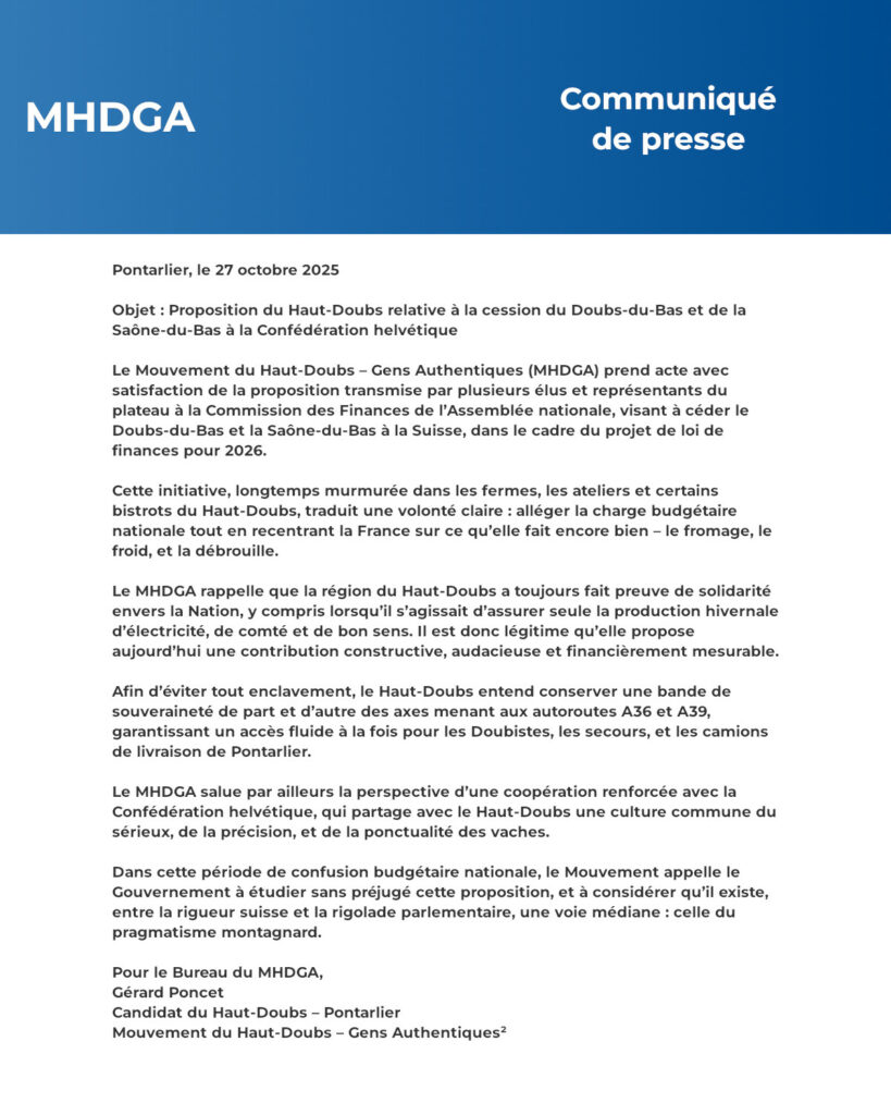 Le Haut-Doubs propose de cĂ©der le Doubs-du-Bas et la SaĂŽne-du-Bas Ă la Suisse pour aider au budget 2026, tout en gardant un couloir dâaccĂšs vers les autoroutes