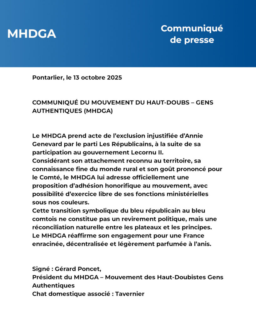 Annie Genevard exclue de LR aprÚs son entrée au gouvernement Lecornu II : le MHDGA de Gérard Poncet lui propose de passer du bleu républicain au bleu comtois.