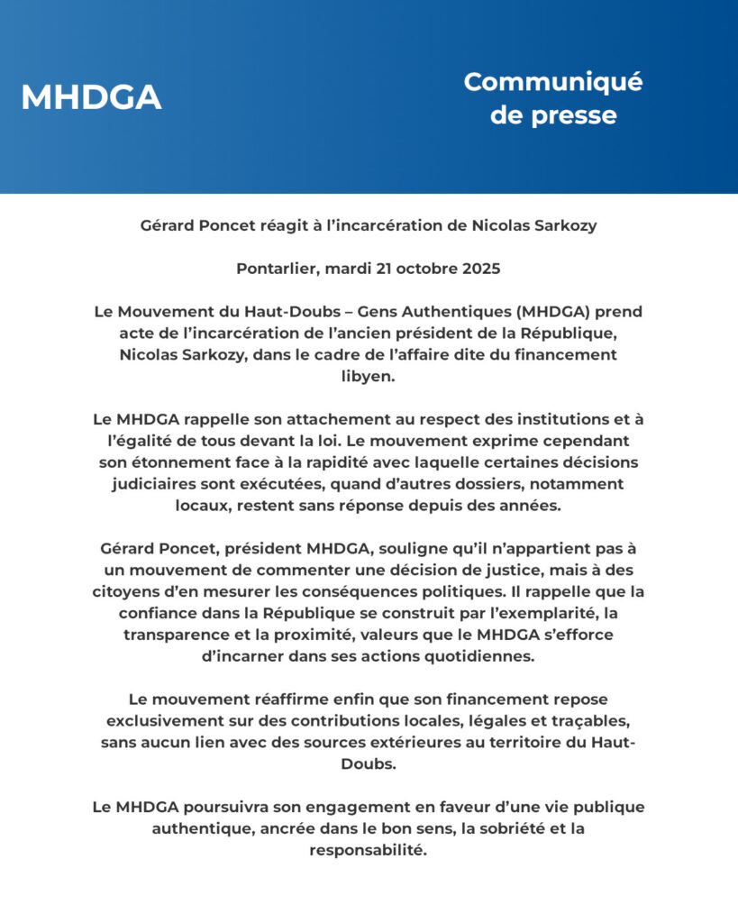 Nicolas Sarkozy incarcéré, Gérard Poncet toujours libre. Dans le Haut-Doubs, la morale politique s’évalue à la couleur du Pontarlier.