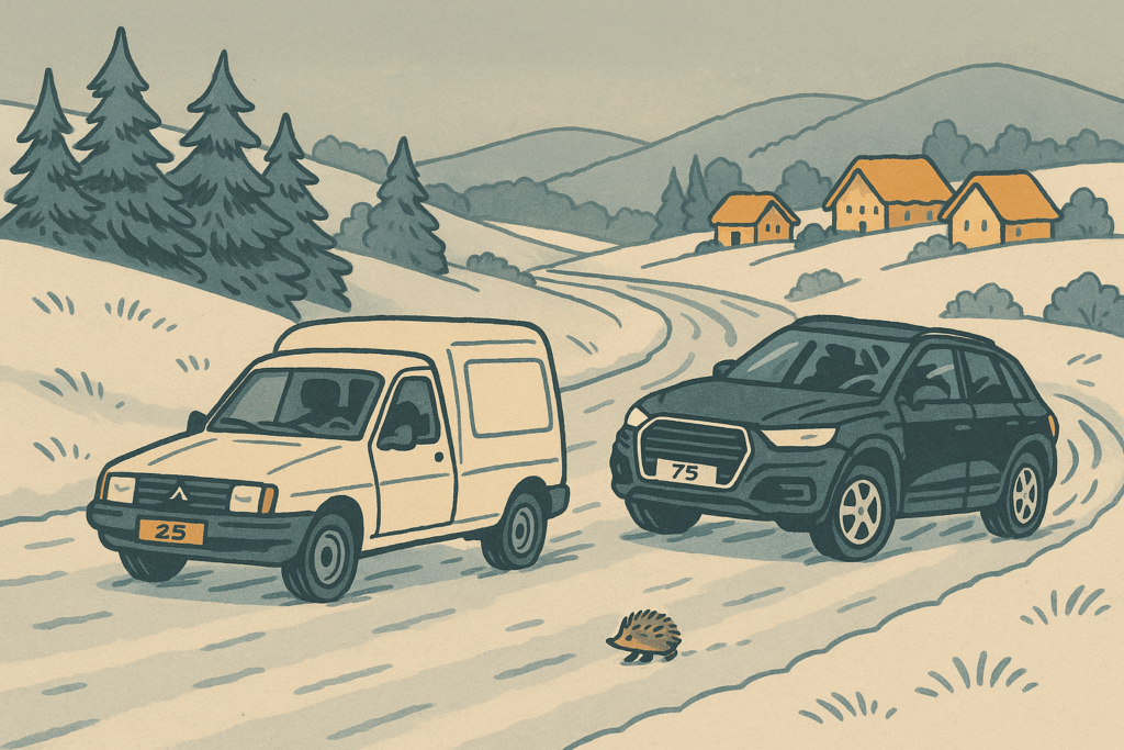 Touristes sans pneus hiver : dans le Haut-Doubs, on rit, on déneige et on regarde les SUV des plaines apprendre la Loi Montagne à leurs dépens.