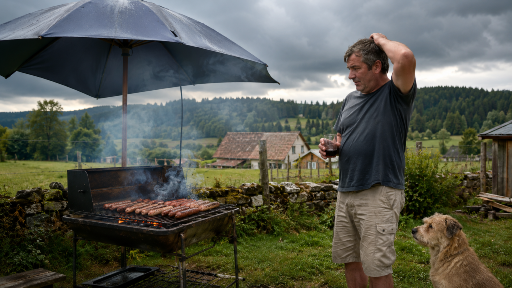 Barbecue : rituel estival théorique du Haut-Doubs, toujours organisé sous surveillance météo, fromagère et diplomatique.