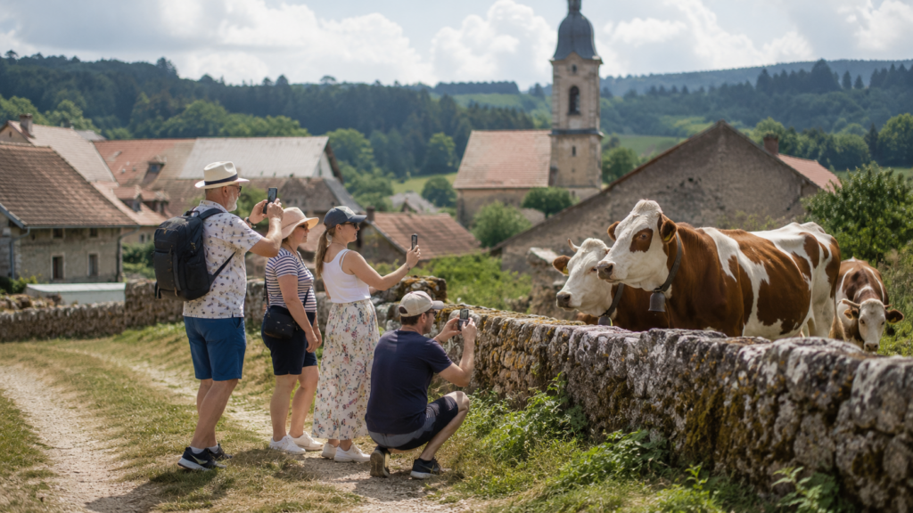 Touristes : visiteurs indispensables du Haut-Doubs, accueillis avec du Comté, de la méfiance et quelques remarques sur leurs chaussures.