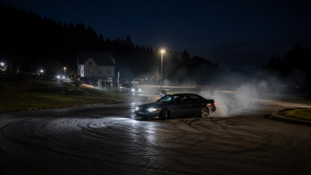 Drift nocturne : folklore mécanique consistant à traiter un bout de territoire comme une piste d’essai une fois la nuit tombée.