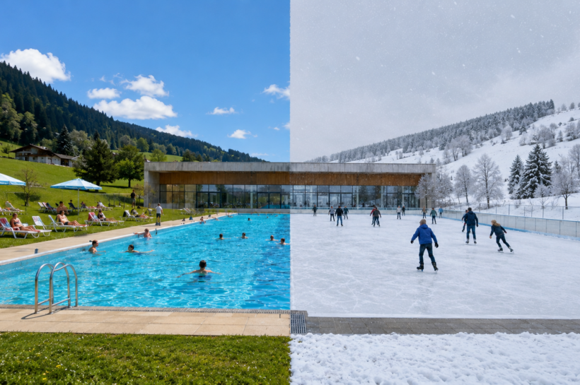 Piscine-patinoire du futur : dans le Haut-Doubs, un inventeur imagine un bassin réversible pour nager l’été et patiner l’hiver.
