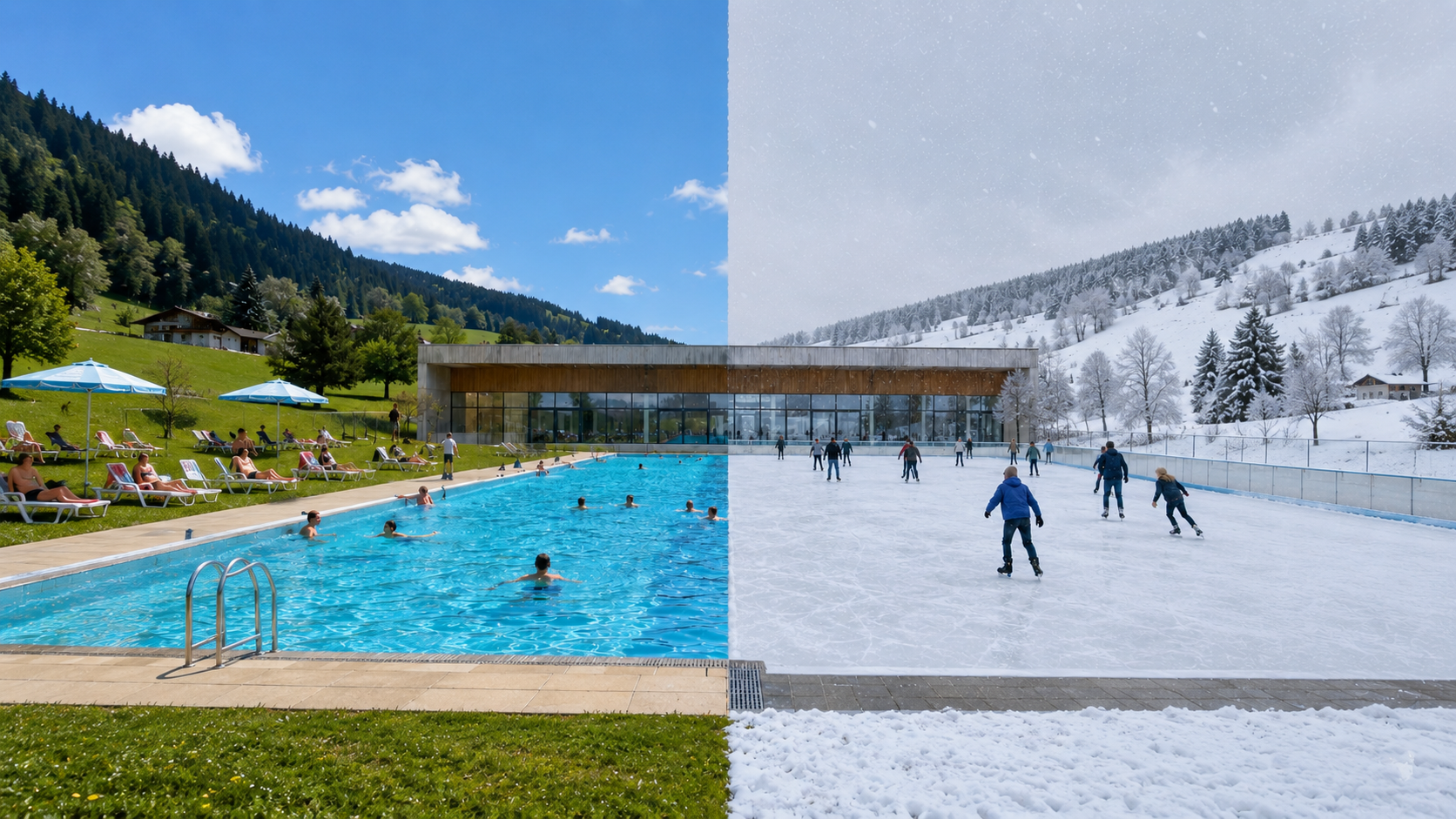 Piscine-patinoire du futur : dans le Haut-Doubs, un inventeur imagine un bassin rĂ©versible pour nager lâĂ©tĂ© et patiner lâhiver.