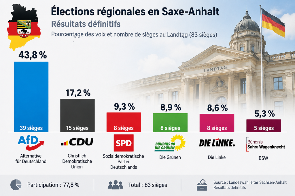 Victoire de l’AfD  en Saxe-Anhalt qui obtient 43,8 % mais rate la majorité absolue. Commence désormais le casse-tête allemand pour fabriquer un gouvernement.