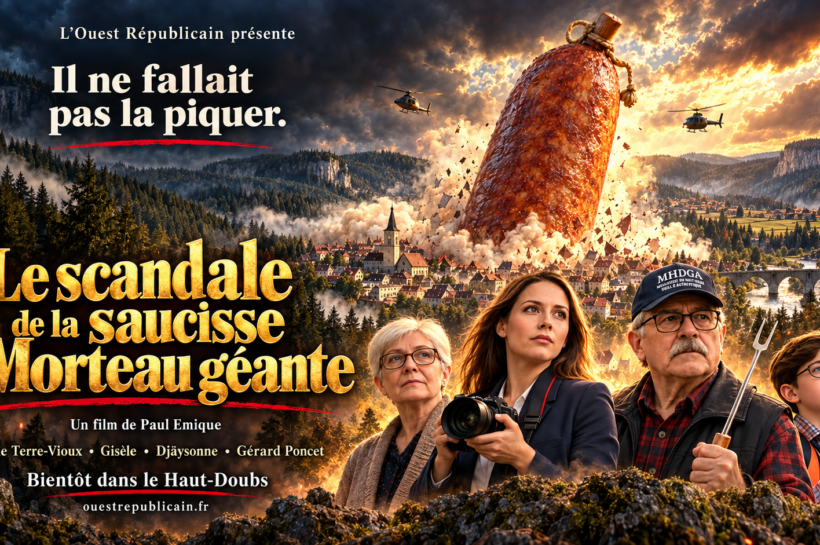 Une saucisse de Morteau géante menace le Haut-Doubs. Découvrez l’affiche, le synopsis et le casting du film imaginaire de L’Ouest Républicain.