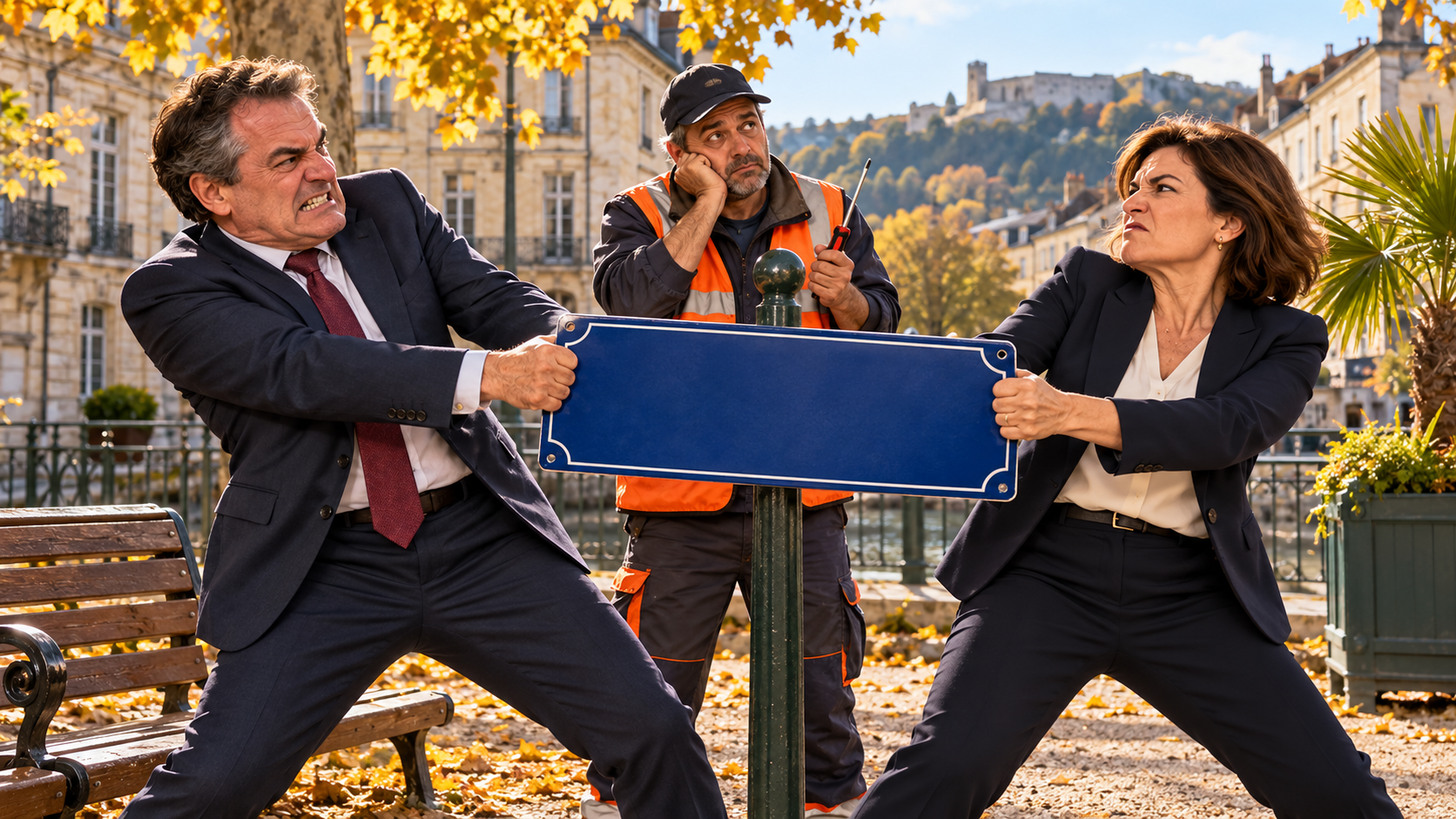 À Besançon, après les palmiers, les fresques et le pont, le nom d’un square rallume la bataille. Le mobilier urbain doit désormais choisir son camp.