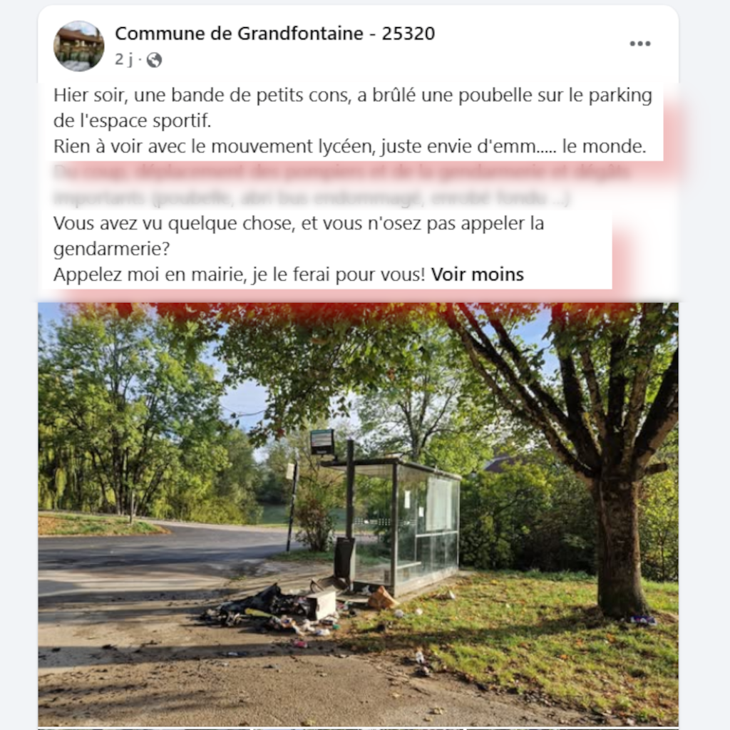 Grandfontaine traite les auteurs de dégradations de « petits cons » sur sa page officielle. Le Doubs-du-Bas débloque le niveau commentaires Facebook.